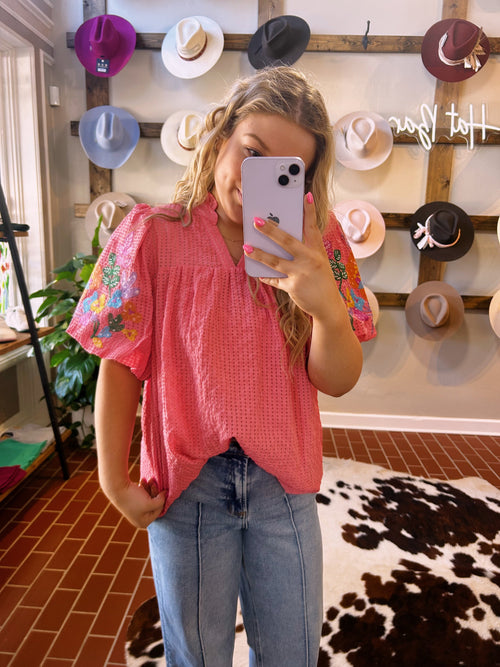 Coral Embroidered Top